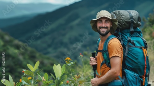 Portrait of a happy man with backpack for hiking mountains  traveling or sightseeing on an outdoor journey in the wilderness. Male hikers or young travelers with backpack for exercising  trekking or