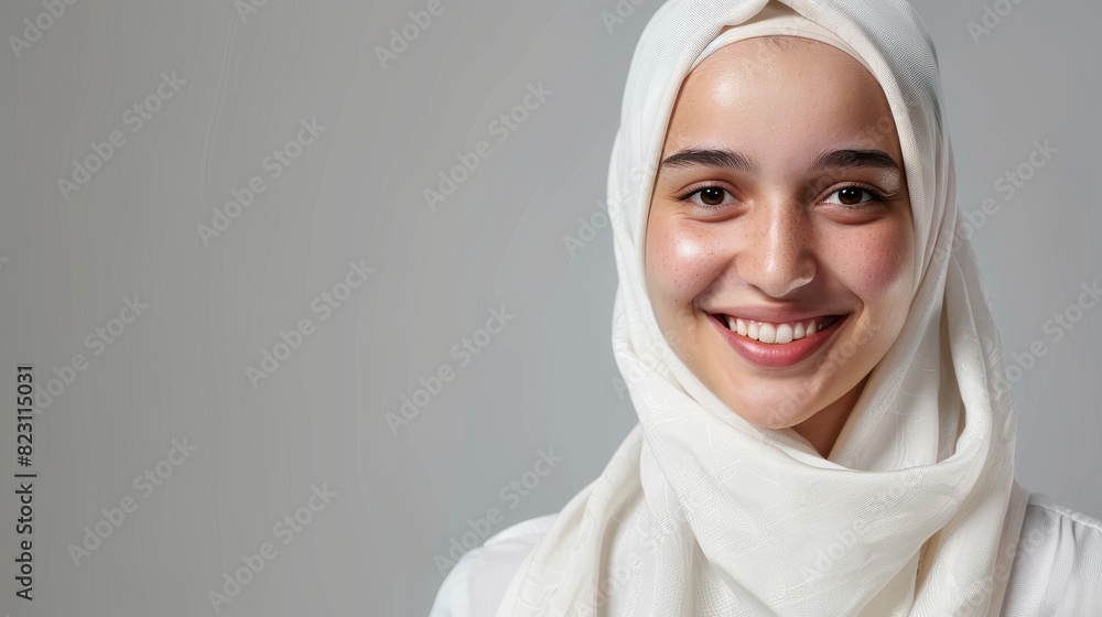 An image of a smiling young woman wearing a white hijab in a studio An image of a smiling young woman wearing a white hijab in a studio
