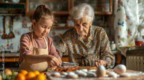 Preparing traditional easter meals  baking treats and sharing family stories with her granddaughter.