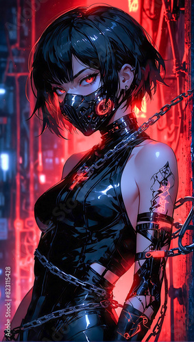 Portrait of an anime style cyberpunk female ninja warrior on a dark moody and atmospheric background