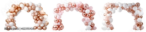 Set of pastel rose gold white glam balloon party garland arch gate entrance on transparent cutout PNG file. Mockup template for artwork design
