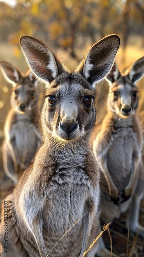 Amidst vastness of the Australian Outback a family of kangaroos hops across the arid landscape