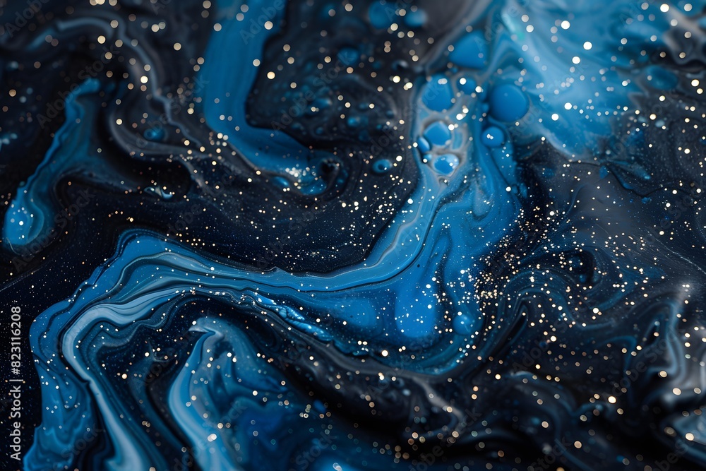 Close up of blue and black liquid with gold glitter Close up of blue and black liquid with gold glitter