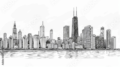 A panorama of Chicago s skyline illustrated with detailed ink. Textured black and white.