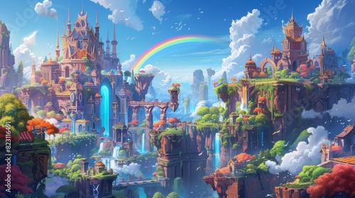 Rainbow landscape with fantasy animals