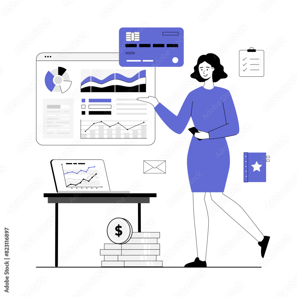 Virtual finance. Financial accounting. Woman use online banking, pay online with credit card. Vector illustration with line people for web design.