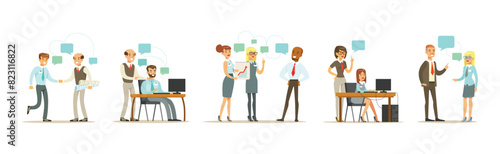 People Team Office Worker Character Communicate at Work Vector Set