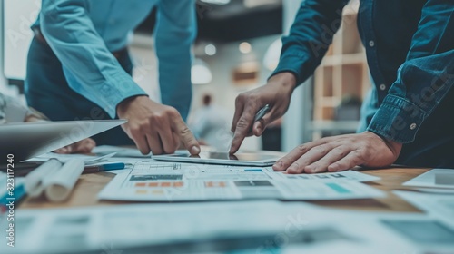 capturing two project managers reviewing project timelines on a tablet, with their project team in discussion around architectural blueprints in the background