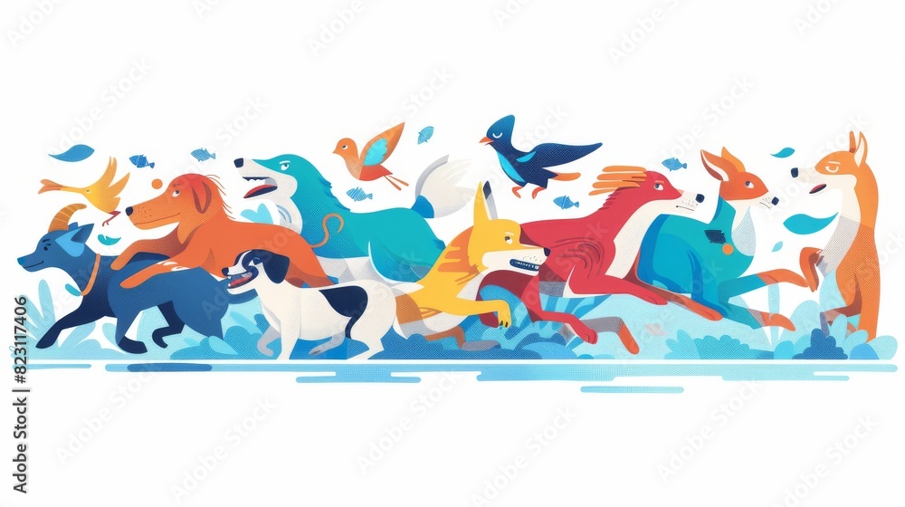 A colorful illustration of various animals running together in a whimsical and vibrant setting. A colorful illustration of various animals running together in a whimsical and vibrant setting.