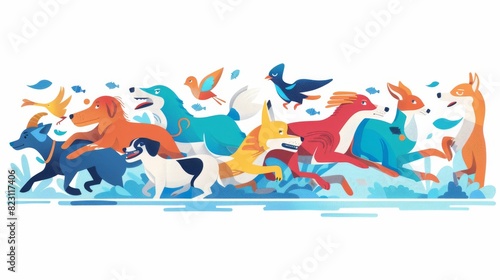 A colorful illustration of various animals running together in a whimsical and vibrant setting. photo