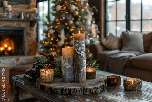 Candles are lit on a table in front of a christmas tree