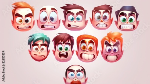 Funny cartoon faces with expressive eyes and mouths. Caricature emotions with funny faces. Modern collection.