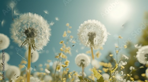 Delicate dandelion seeds dancing in the breeze against a bright spring sky