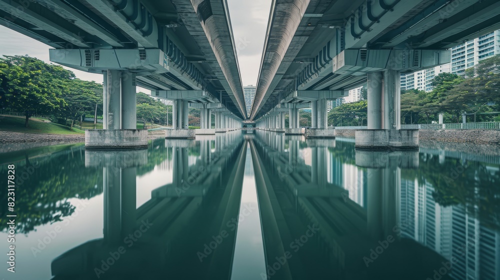A Singaporean symmetrical overpass crossing a river A Singaporean symmetrical overpass crossing a river