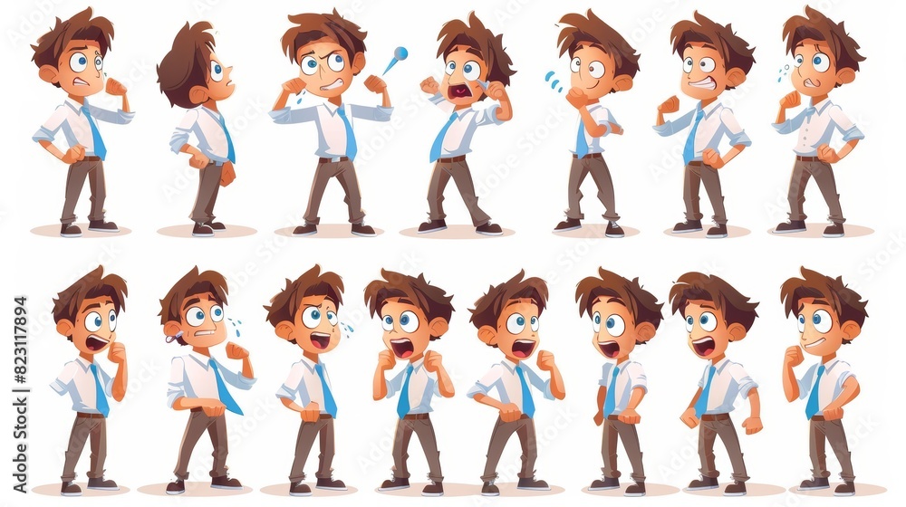 Funny cute cartoon character with blue tie in a shirt and 30 different poses. Isolated on white background. Funny cute cartoon character with blue tie in a shirt and 30 different poses. Isolated on white background.