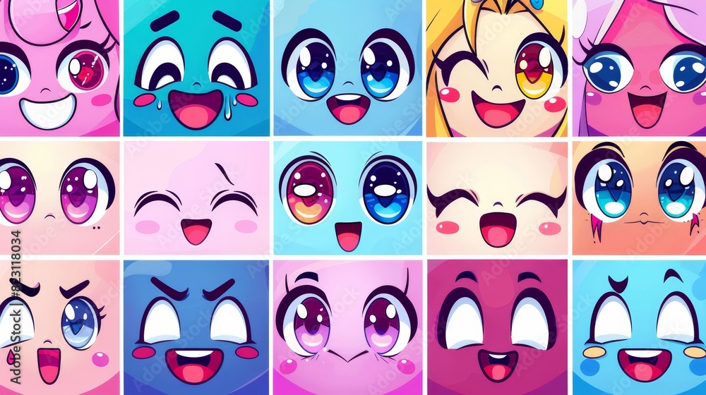 Kawaii cute faces. Manga style eyes and mouths. Cartoon japanese emoticons illustrating expressions. Background, wallpaper.