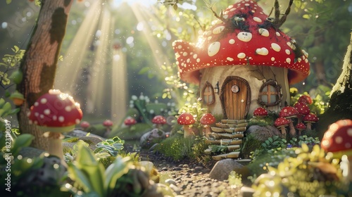 3D illustration of the game location with a fairy teapot cat house in a magic forest with rays of sunlight. Landscape with mushrooms on trees and path leading to a cartoon house with a wooden fish