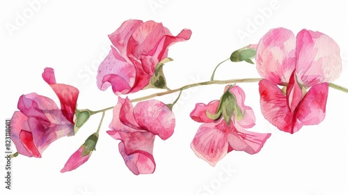 A sweet pea flower is isolated on a white background in an old watercolor. photo