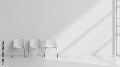 An elegant armchairs placed within a modern minimalist interior  enhanced by the simplicity of an empty white wall background  invoking a feeling of calmness and tranquility.