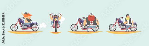 Bearded Man Biker on Heavy Chopper With Leather Vests Vector Set
