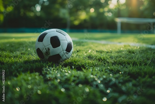 Close-up of a soccer ball on a grassy field with blurred goalposts in the background