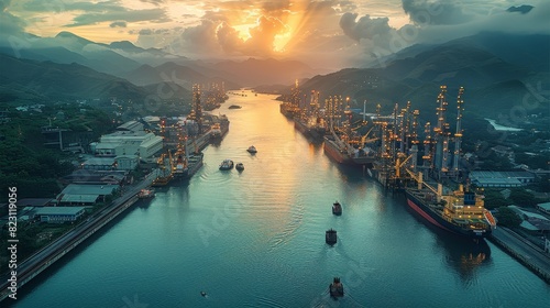 A sprawling industrial port in a verdant mountainous region during the golden hour. is bustling. Aerial high view. Generative AI. © visoot