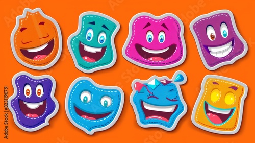 Happy smiling face label shape set. Collection of trendy retro sticker cartoon shapes. Funny comic character art with quotes.