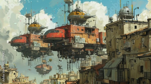 Cybernetic cityscape with floating buildings