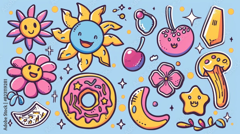 The 70s groovy elements set comprises cartoon characters, donuts, bombs, stars, sparkles, bubbles, cherry, sun, flower and doodle smile faces. These elements make great retro groovy hippie designs The 70s groovy elements set comprises cartoon characters, donuts, bombs, stars, sparkles, bubbles, cherry, sun, flower and doodle smile faces. These elements make great retro groovy hippie designs