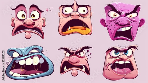 Set of cartoon retro faces featuring vintage emotional faces, old-style funny eyes and mouths, and different facial expressions. Modern style.
