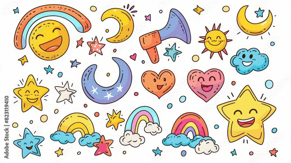 An element modern set for decorative and sticker designs. A collection of cartoon characters, doodles, hearts, diamonds, megaphones, hands, rainbows, stars, words, in 70's style. An element modern set for decorative and sticker designs. A collection of cartoon characters, doodles, hearts, diamonds, megaphones, hands, rainbows, stars, words, in 70's style.