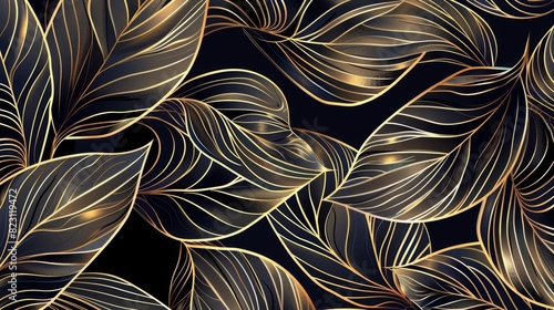 Modern golden leaves with swirls art deco wallpaper background  hand drawn pattern. Line design for interior  textile  texture  poster  package  wrappers  gifts. Luxury. Japanese design.