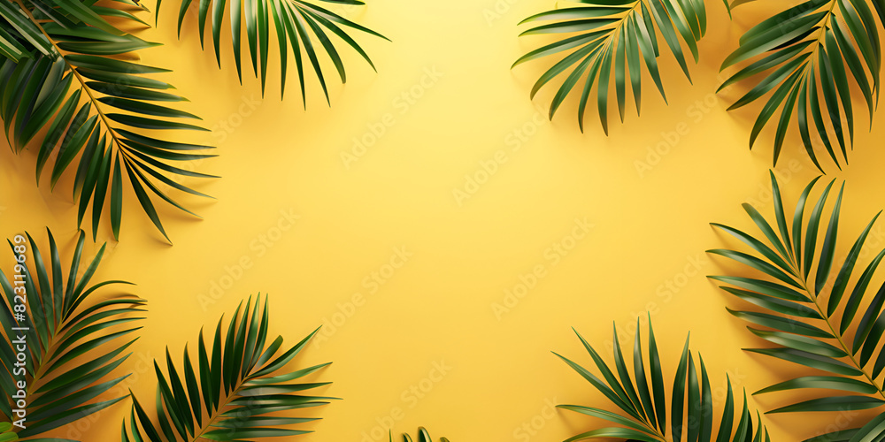 Top view of green tropical leaves on sand color 