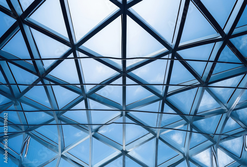 Modern Geometric Glass Ceiling Against Blue Sky