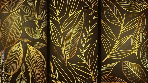 Modern set of luxury floral line pattern  golden background. Hand drawn plants  leaves for packaging  social media posts  covers  banners  creative posts and wall art.