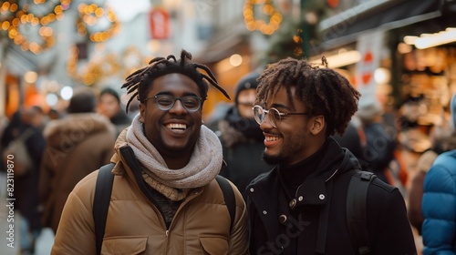 European men in love are cheerfully shopping in the crowd  lgbtQ 