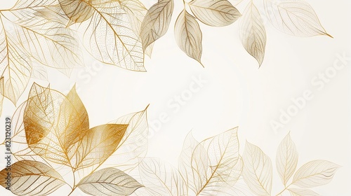 Vintage elegant nature illustration, gold leaves on white texture. Luxury abstract plant background.