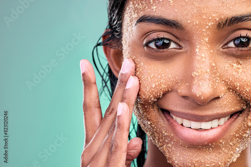Принти на полотні Studio portrait, woman and salt scrub for skincare with wellness, exfoliation and skin glow for facial