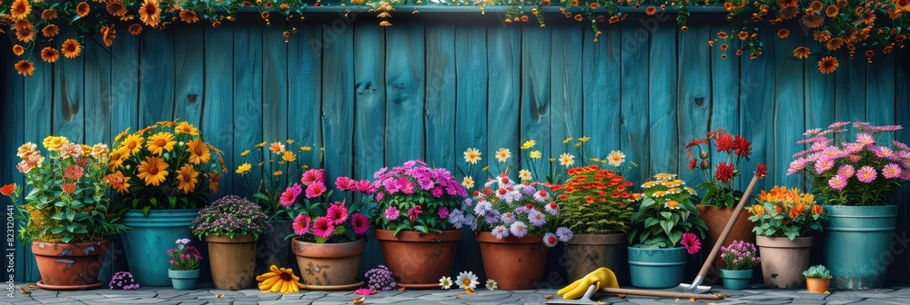 Fototapeta premium A garden scene with colorful flowers in pots, gardening tools like trowels and yellow gloves on the ground at sunny spring day.