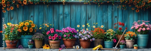 A garden scene with colorful flowers in pots, gardening tools like trowels and yellow gloves on the ground at sunny spring day.
