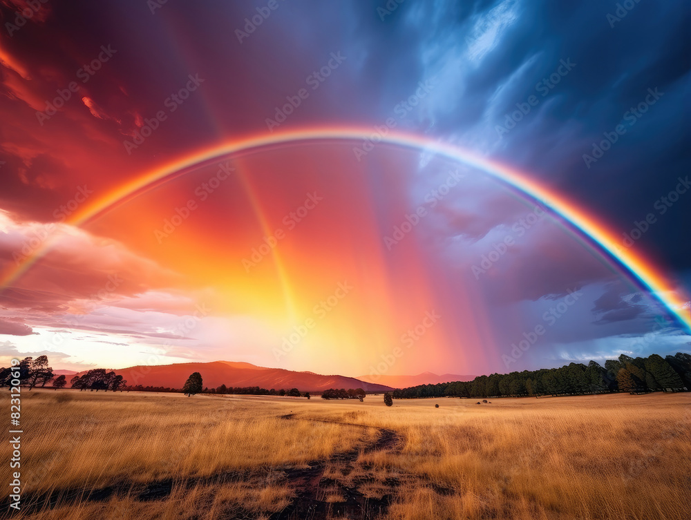Majestic Rainbow Over Tranquil Pasture at Sunset