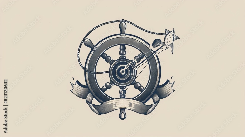 Fototapeta premium The vintage logo template for seafood features a fishing reel and scale