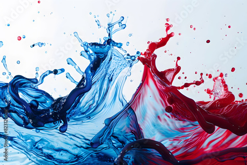 A close up of red and blue liquid splashing on a white surface