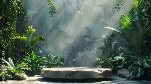 Natural environment mockup with a stone platform and tropical foliage  ideal for cosmetic advertising