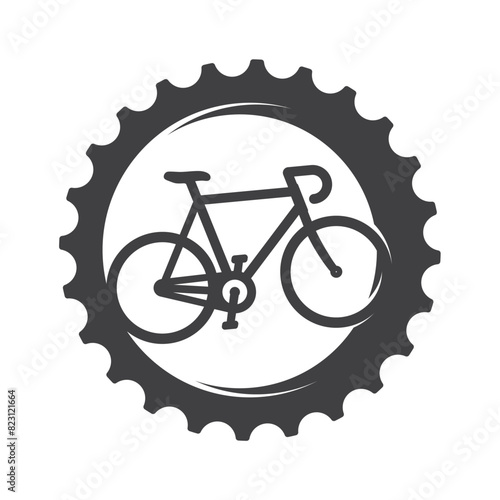 A silhouette of a bicycle within a gear, symbolizing cycling, mechanics, and transportation. Isolated on white background
