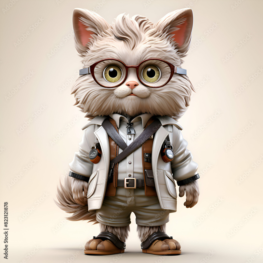 Cute cat wearing safari outfit and glasses. 3D rendering.