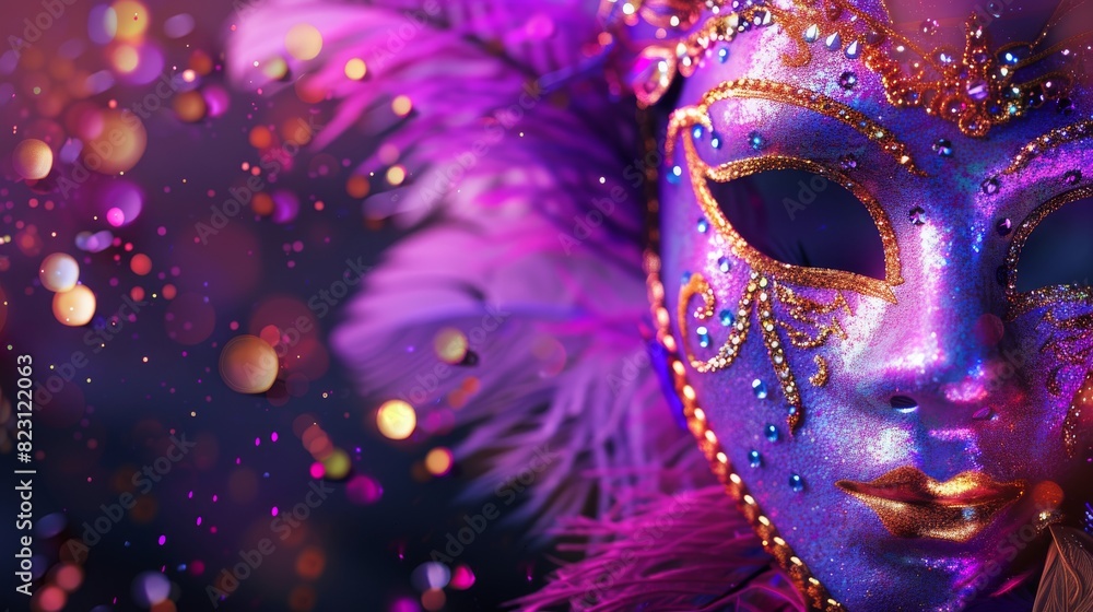 Background illustration of a Carnival party with a masquerade mask, glitter feathers, and beads in a 3D modern format
