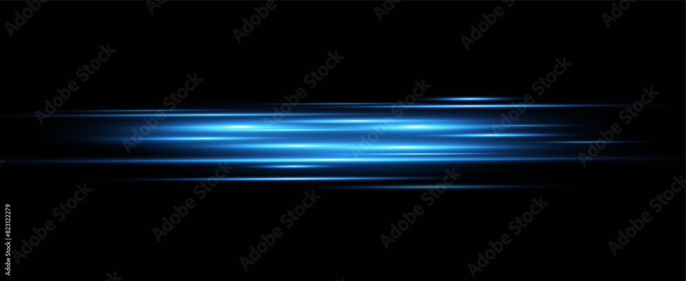 Fototapeta premium Neon blue horizontal speed lines. Glowing stripes. Laser beams. light lines of movement and speed in neon color.Beautiful flash of light and sparks. 