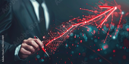 Businessman drawing red arrow in the digital screen with network of people icon on transparent background, business and social connection concept.