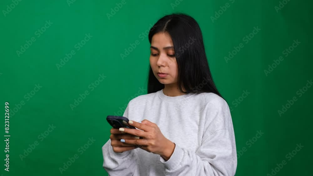 Young woman smiles while using her smartphone to browse, text, and chat Young woman smiles while using her smartphone to browse, text, and chat